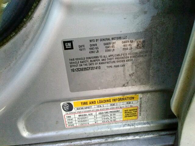 1G1ZC5E05CF201410 - 2012 CHEVROLET MALIBU 1LT ვერცხლისფერი ფოტო 10