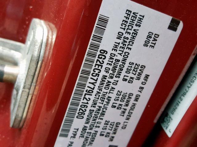 6G2EC57Y79L216260 - 2009 PONTIAC G8 GT BURGUNDY photo 10