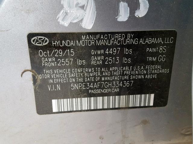 5NPE34AF7GH334367 - 2016 HYUNDAI SONATA SPO SILVER photo 10