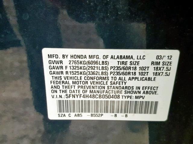 5FNYF4H48CB050408 - 2012 HONDA PILOT EX BLUE photo 10