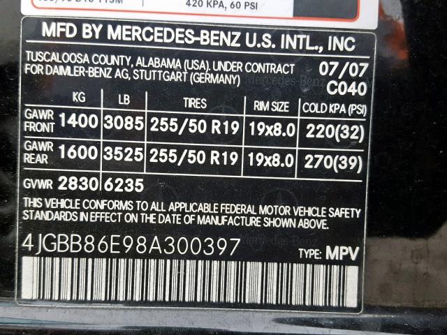 4JGBB86E98A300397 - 2008 MERCEDES-BENZ ML 350 BLACK photo 10