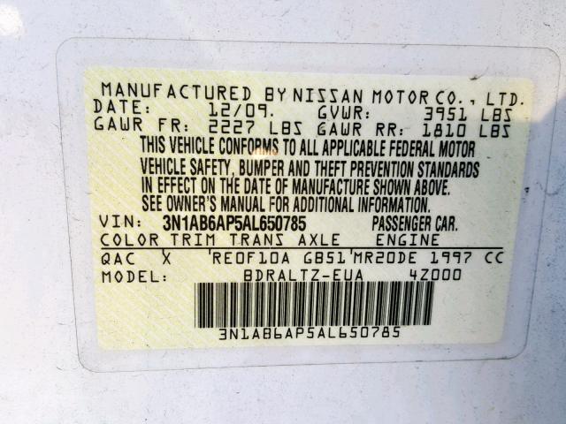 3N1AB6AP5AL650785 - 2010 NISSAN SENTRA 2.0 WHITE photo 10