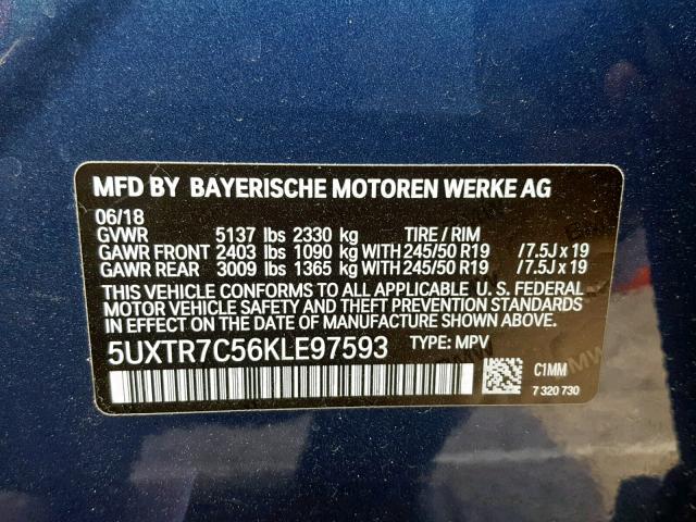 5UXTR7C56KLE97593 - 2019 BMW X3 SDRIVE3 Синій фото 10