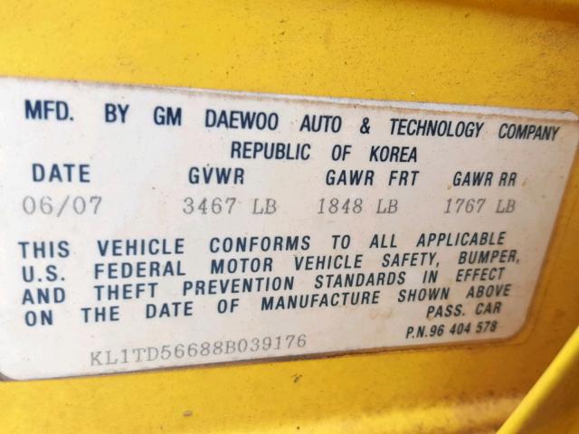 KL1TD56688B039176 - 2008 CHEVROLET AVEO BASE Сары фото 10
