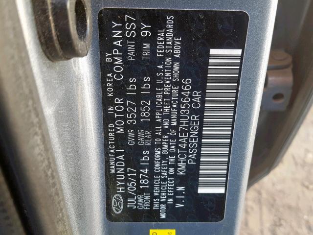 KMHCT4AE7HU356466 - 2017 HYUNDAI ACCENT SE GRAY photo 10