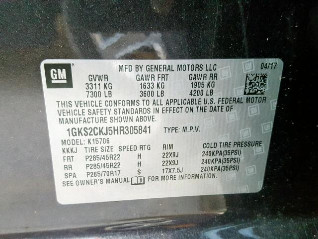 1GKS2CKJ5HR305841 - 2017 GMC YUKON DENA BLACK photo 10