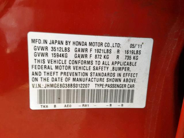 JHMGE8G38BS012207 - 2011 HONDA FIT RED photo 10