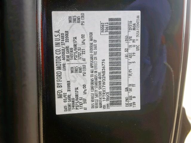 1FTRX17W32NB36776 - 2002 FORD F150 შავი ფოტო 10