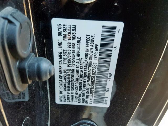 5J6YH28625L027331 - 2005 HONDA ELEMENT EX BLACK photo 10