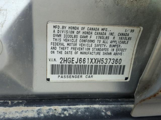 2HGEJ661XXH537360 - 1999 HONDA CIVIC BASE SILVER photo 10