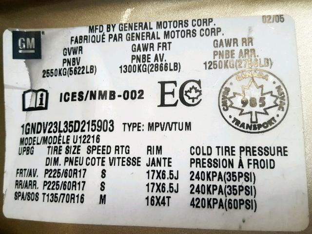 1GNDV23L35D215903 - 2005 CHEVROLET UPLANDER L 金色 照片 10