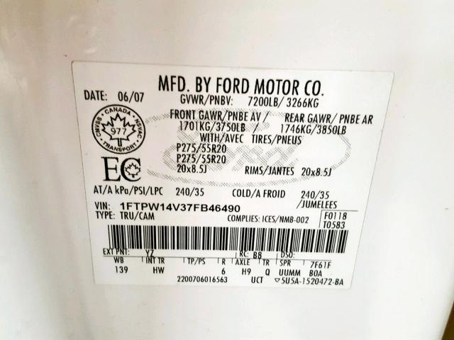 1FTPW14V37FB46490 - 2007 FORD F150 SUPER WHITE photo 10