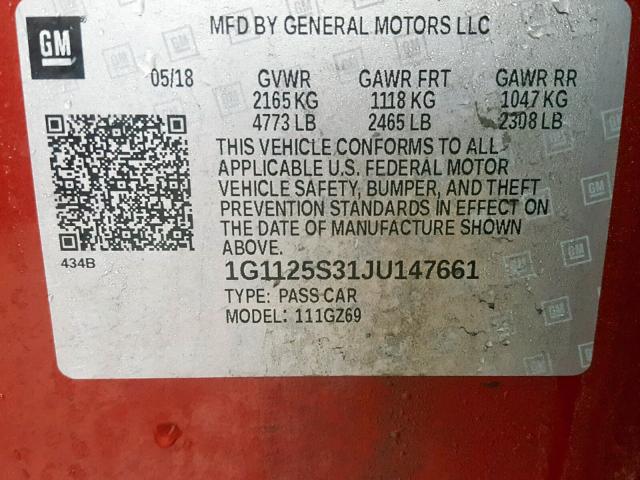 1G1125S31JU147661 - 2018 CHEVROLET IMPALA PRE RED photo 10