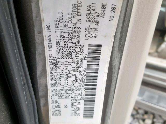 5TDZT38A54S232495 - 2004 TOYOTA SEQUOIA LI GRAY photo 10