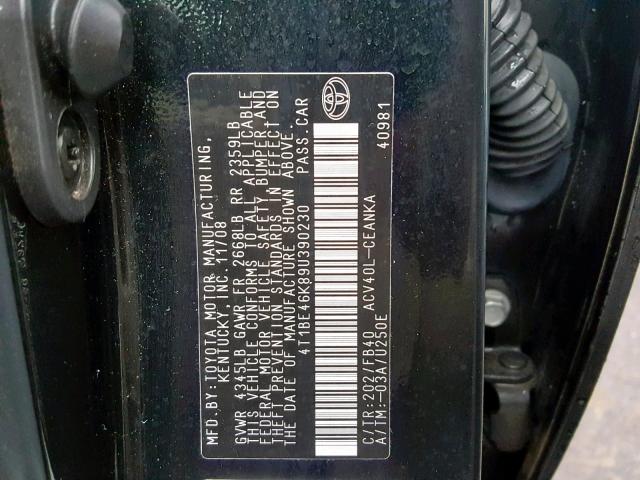 4T1BE46K89U390230 - 2009 TOYOTA CAMRY BASE შავი ფოტო 10