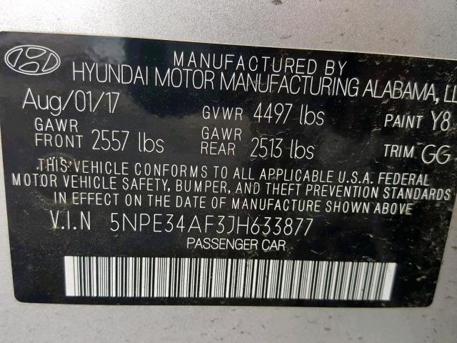 5NPE34AF3JH633877 - 2018 HYUNDAI SONATA SPO SILVER photo 10