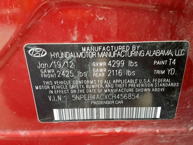 5NPEB4ACXCH456854 - 2012 HYUNDAI SONATA GLS MAROON photo 10