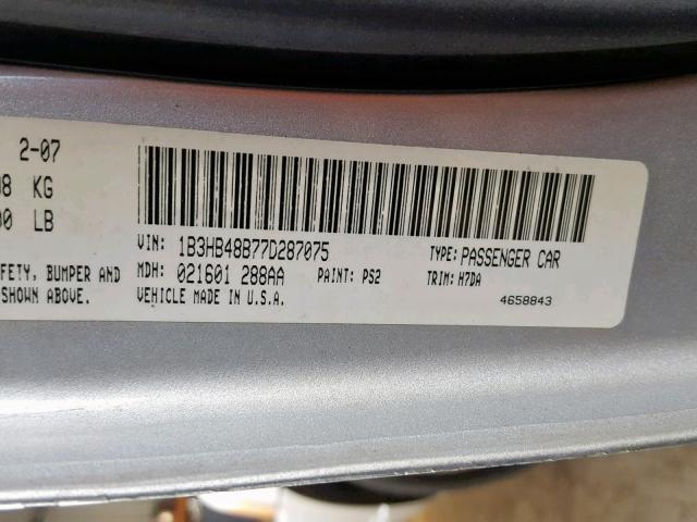 1B3HB48B77D287075 - 2007 DODGE CALIBER SX SILVER photo 10