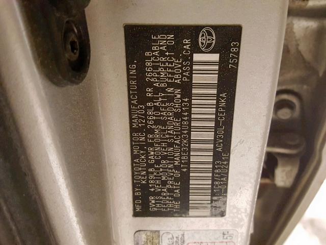 4T1BE32K34U844134 - 2004 TOYOTA CAMRY LE SILVER photo 10