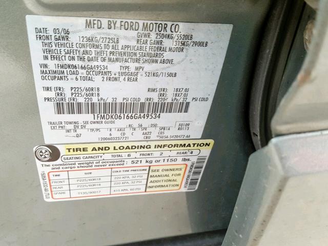 1FMDK06166GA49534 - 2006 FORD FREESTYLE GREEN photo 10