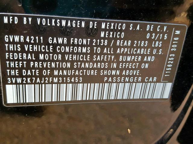 3VW2K7AJ2FM315453 - 2015 VOLKSWAGEN JETTA BASE BLACK photo 10