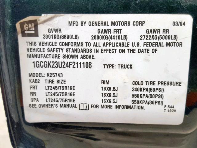 1GCGK23U24F211108 - 2004 CHEVROLET SILVERADO GREEN photo 10