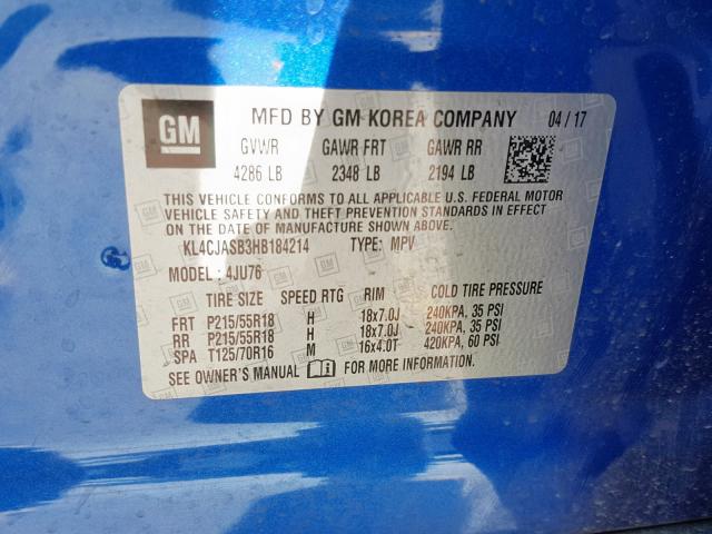 KL4CJASB3HB184214 - 2017 BUICK ENCORE PRE BLUE photo 10