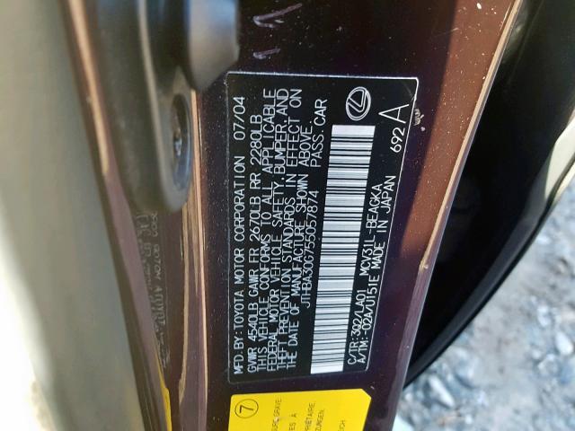 JTHBA30G755057874 - 2005 LEXUS ES 330 BURGUNDY photo 10