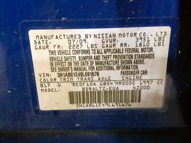 3N1AB61E49L691676 - 2009 NISSAN SENTRA 2.0 BLUE photo 10