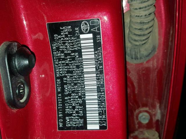 2T1BU4EE6AC293208 - 2010 TOYOTA COROLLA BA Qırmızı foto 10