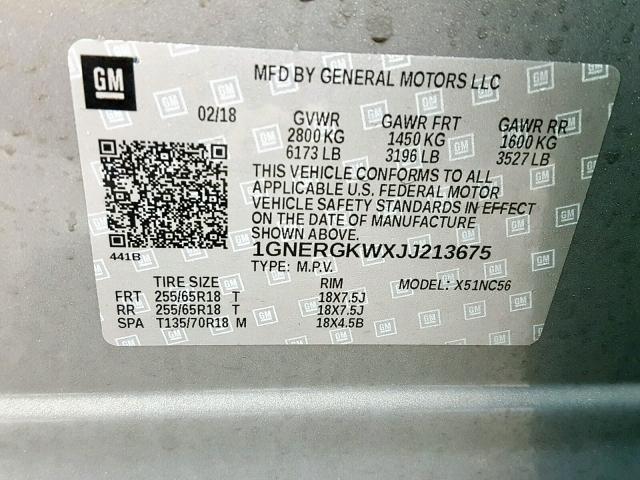 1GNERGKWXJJ213675 - 2018 CHEVROLET TRAVERSE L GRAY photo 10