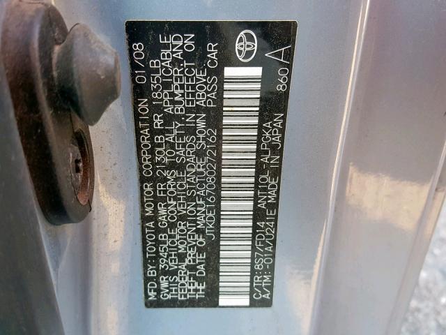 JTKDE167080272162 - 2008 TOYOTA SCION TC ლურჯი ფოტო 10