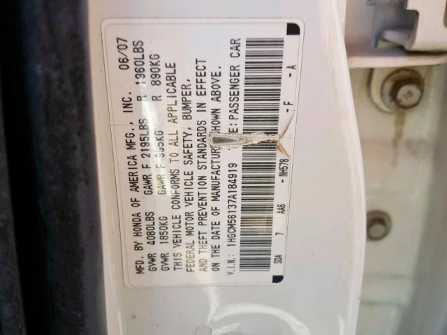 1HGCM56137A184919 - 2007 HONDA ACCORD VAL WHITE photo 10