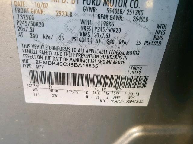 2FMDK49C38BA16635 - 2008 FORD EDGE LIMIT GRAY photo 10