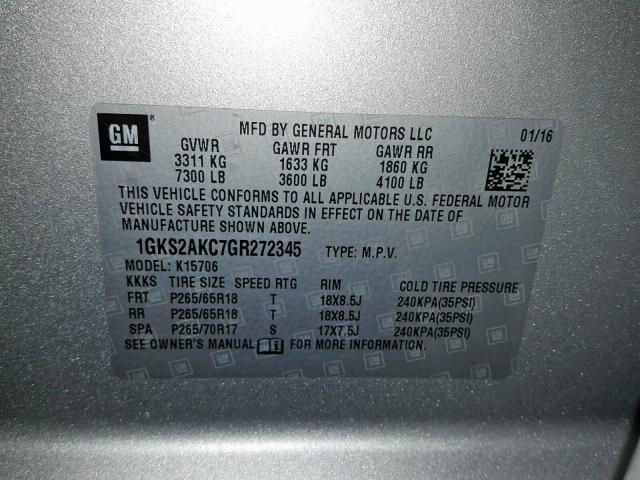 1GKS2AKC7GR272345 - 2016 GMC YUKON SLE SILVER photo 10