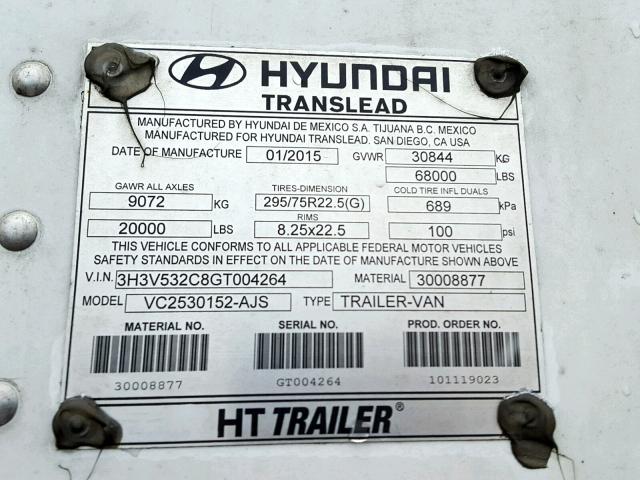 3H3V532C8GT004264 - 2016 HYUNDAI TRAILER WHITE photo 10