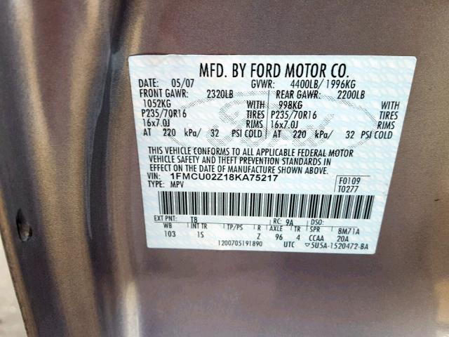 1FMCU02Z18KA75217 - 2008 FORD ESCAPE XLS GRAY photo 10