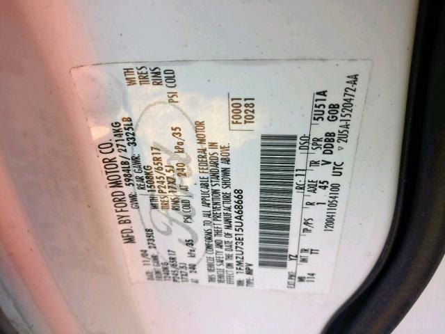 1FMZU73E15UA68668 - 2005 FORD EXPLORER X WHITE photo 10