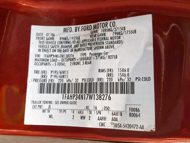 1FAHP34N17W138276 - 2007 FORD FOCUS ZX4 RED photo 10