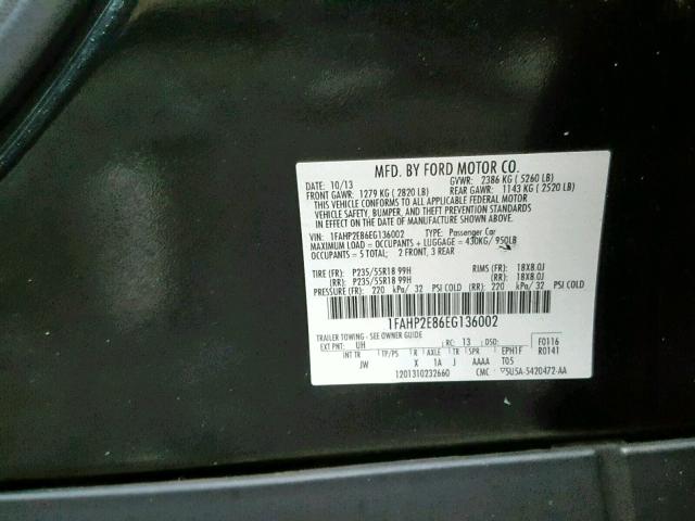 1FAHP2E86EG136002 - 2014 FORD TAURUS SEL BLACK photo 10