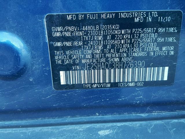 JF2SHACC3BH726390 - 2011 SUBARU FORESTER 2 BLUE photo 10