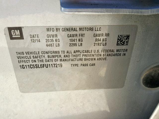 1G11C5SL6FU117219 - 2015 CHEVROLET MALIBU 1LT SILVER photo 10