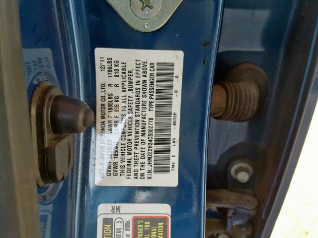 JHMZE2H34CS002778 - 2012 HONDA INSIGHT BLUE photo 10