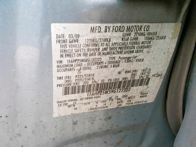 1FAHP25W59G122323 - 2009 FORD TAURUS LIM BLUE photo 10