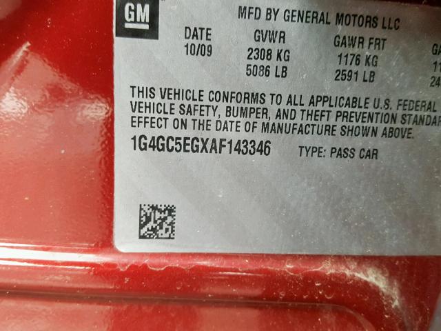 1G4GC5EGXAF143346 - 2010 BUICK LACROSSE C RED photo 10