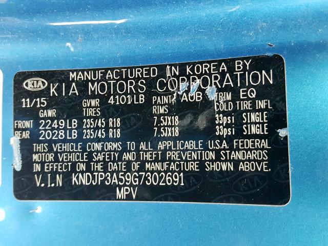 KNDJP3A59G7302691 - 2016 KIA SOUL + BLUE photo 10