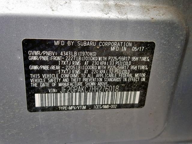 JF2GPAKC7HH276018 - 2017 SUBARU CROSSTREK 白色 照片 10