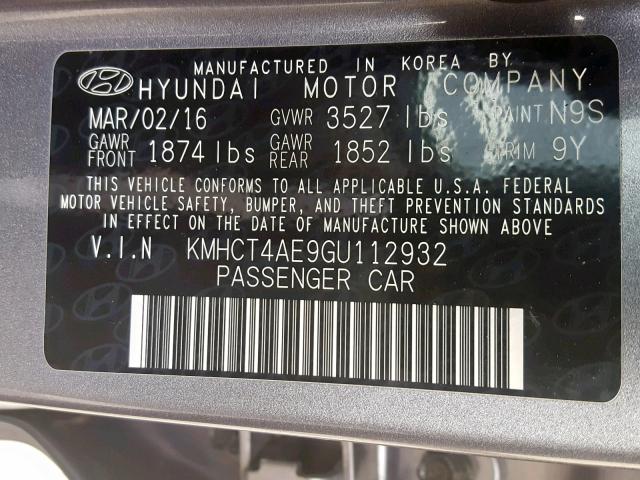 KMHCT4AE9GU112932 - 2016 HYUNDAI ACCENT SE GRAY photo 10