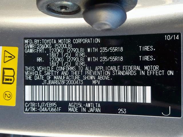 JTJBARBZ8F2000473 - 2015 LEXUS NX 200T GRAY photo 10