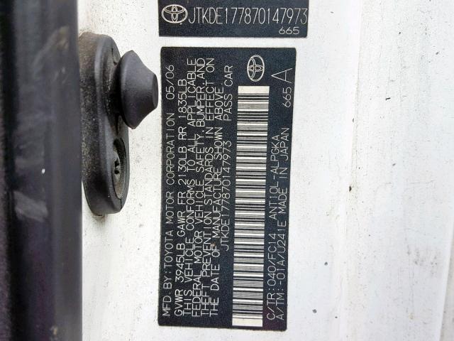 JTKDE177870147973 - 2007 TOYOTA SCION TC თეთრი ფოტო 10